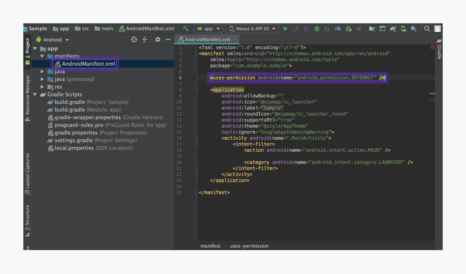 Screenshot of allowing internet permission in Android Studio