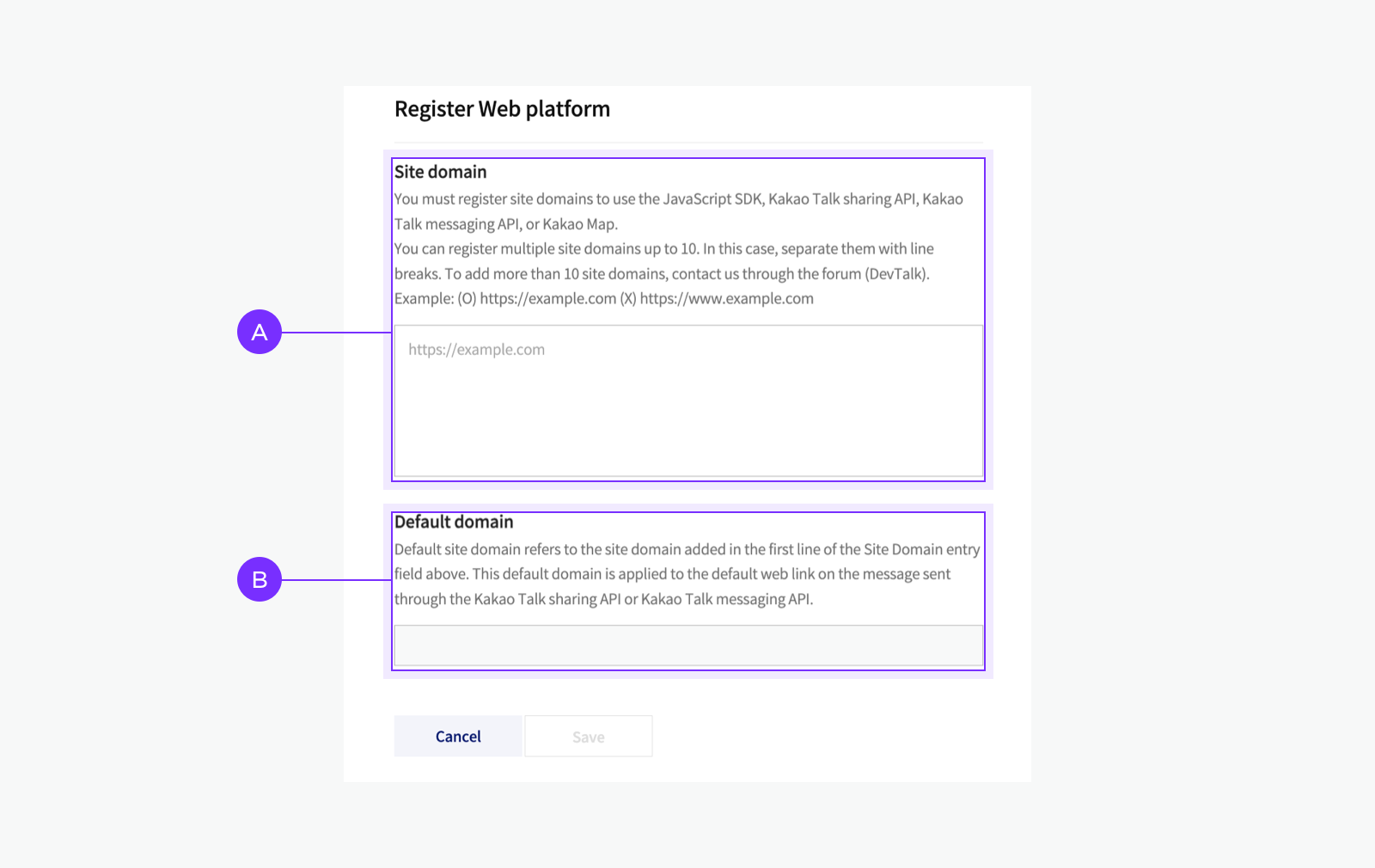 Dialog box for registering Web platform