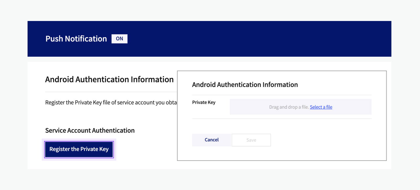 Register authentication information for Android