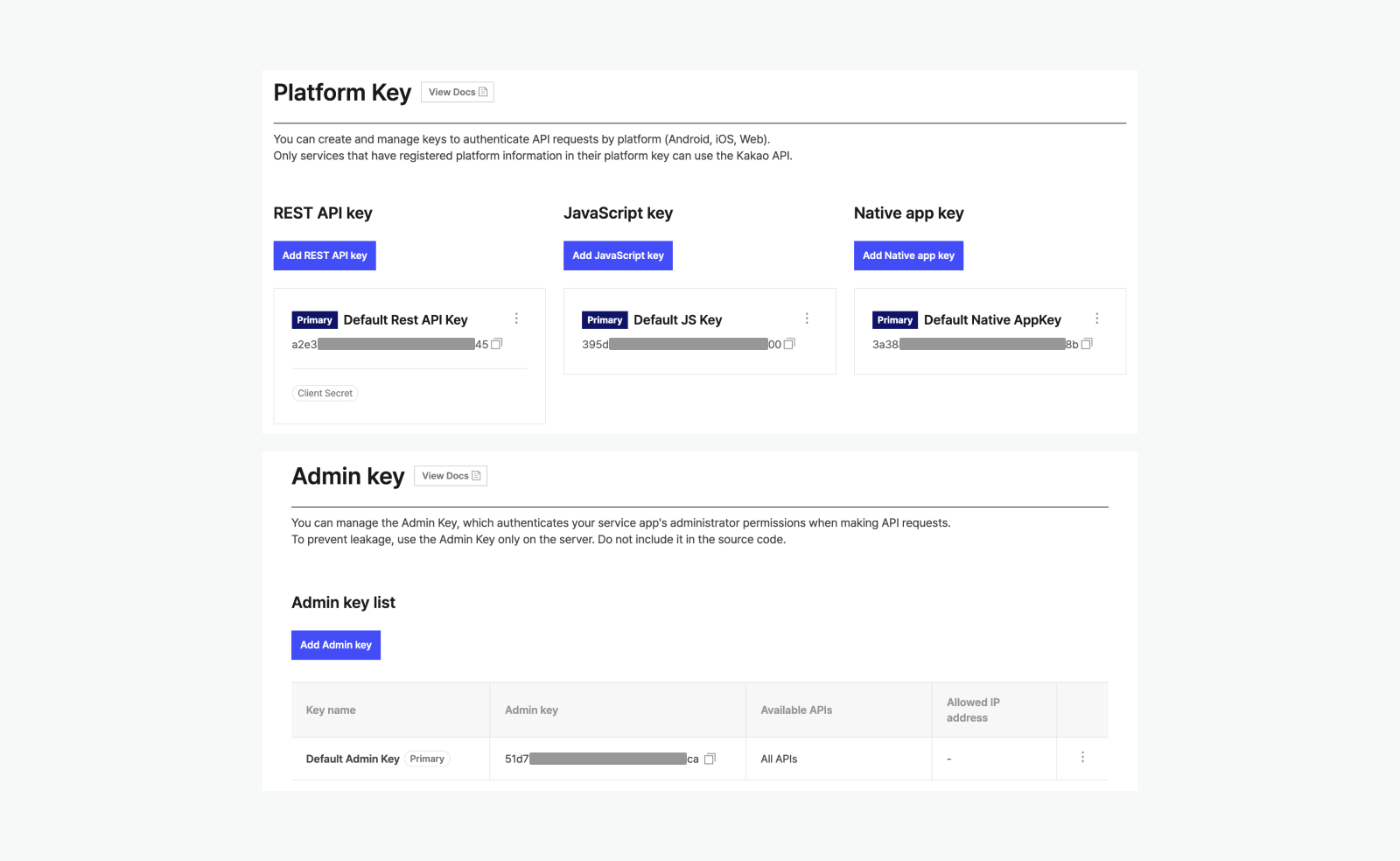 App key settings page